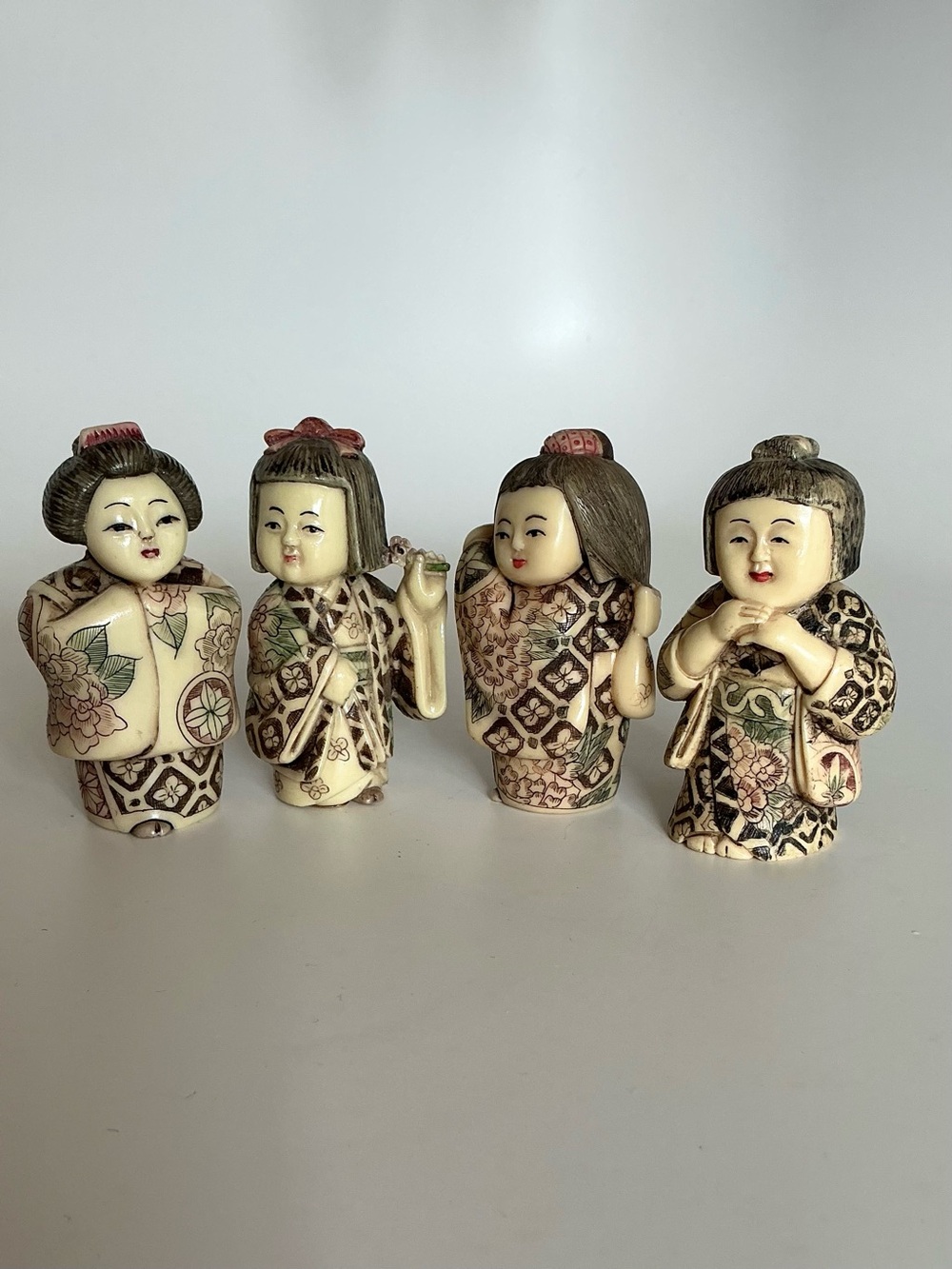 Vintage Japanese Geisha Figurines Set of 4 Hand Carved Poly-Resin Kimono Dolls